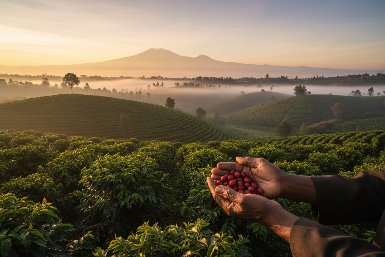 Hands holding ripe red coffee cherries in the misty highlands of Othaya, Nyeri — 4th Gen Coffee origin story