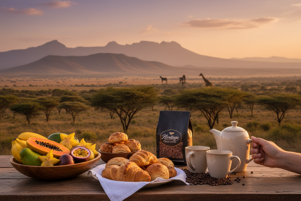 Heritage Pearl coffee outdoor breakfast with Kenyan landscape