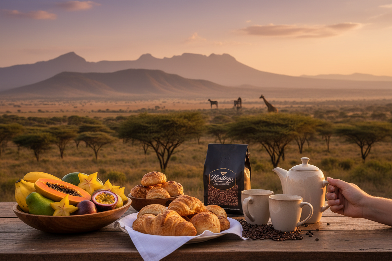 Heritage Pearl coffee outdoor breakfast with Kenyan landscape