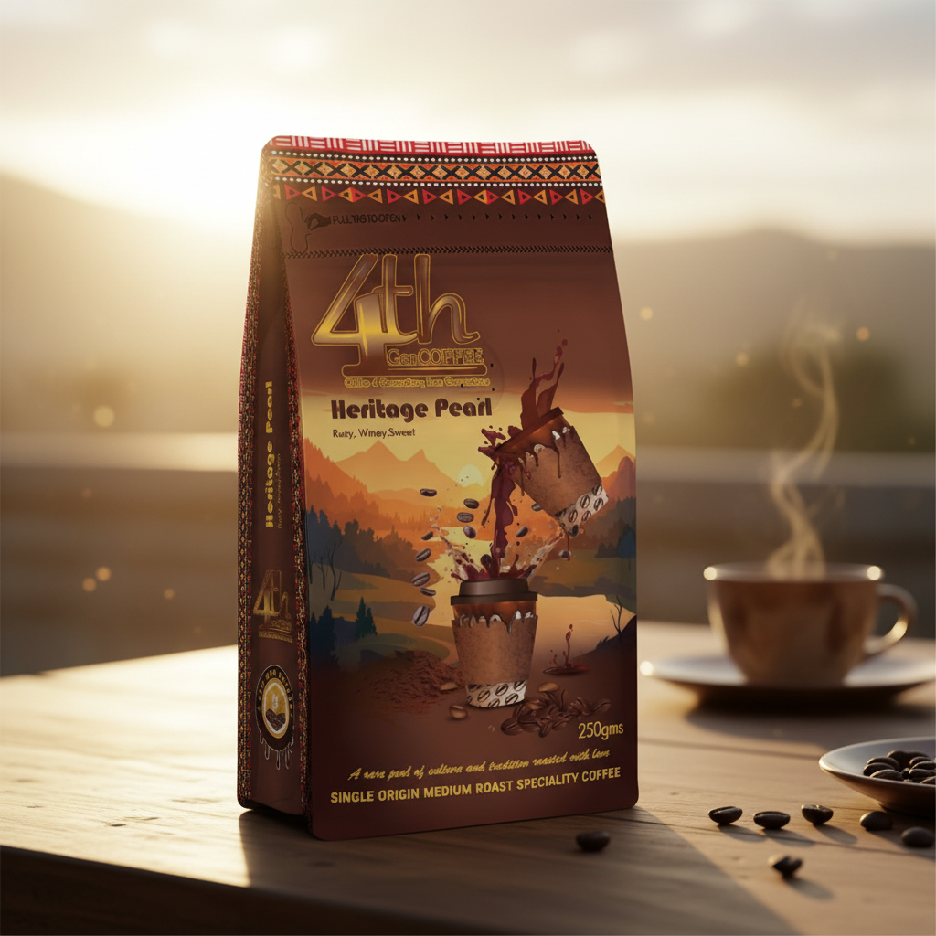 Heritage Pearl coffee package with bright lighting