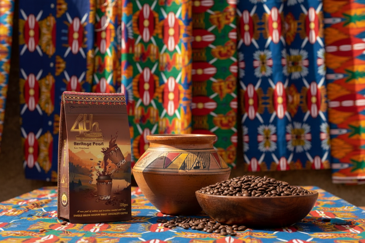 Heritage Pearl with traditional African pottery and Kenyan fabric patterns