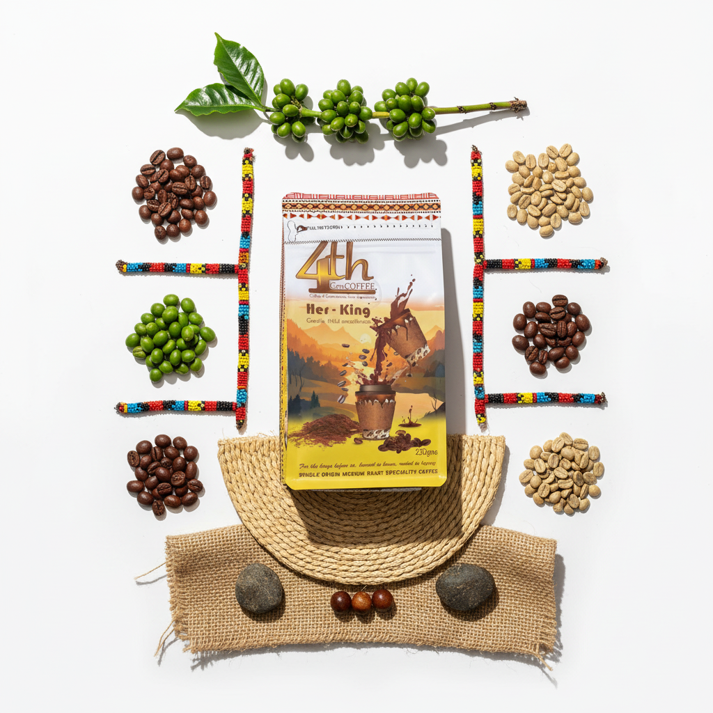Her-King vibrant flat lay with coffee elements